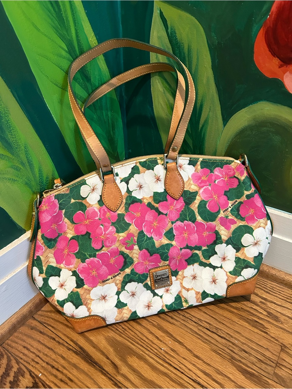 Dooney & Bourke Pink & White Floral Canvas Tote with Tan Trim